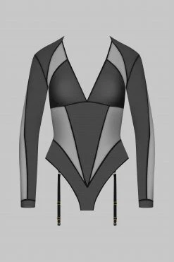 Maison Close Long Sleeves Bodystring With Susperders - L'Amoureuse - Black Dahlia
