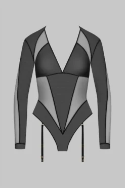 Maison Close Long Sleeves Bodystring With Susperders - L'Amoureuse - Black Dahlia