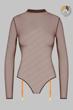 Maison Close Thong Body With Suspenders - Corps à Corps - Brown/Neon Orange/Gold