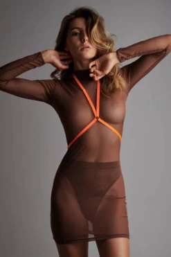 Maison Close Dress With Harness - Corps à Corps - Brown/Neon Orange/Gold
